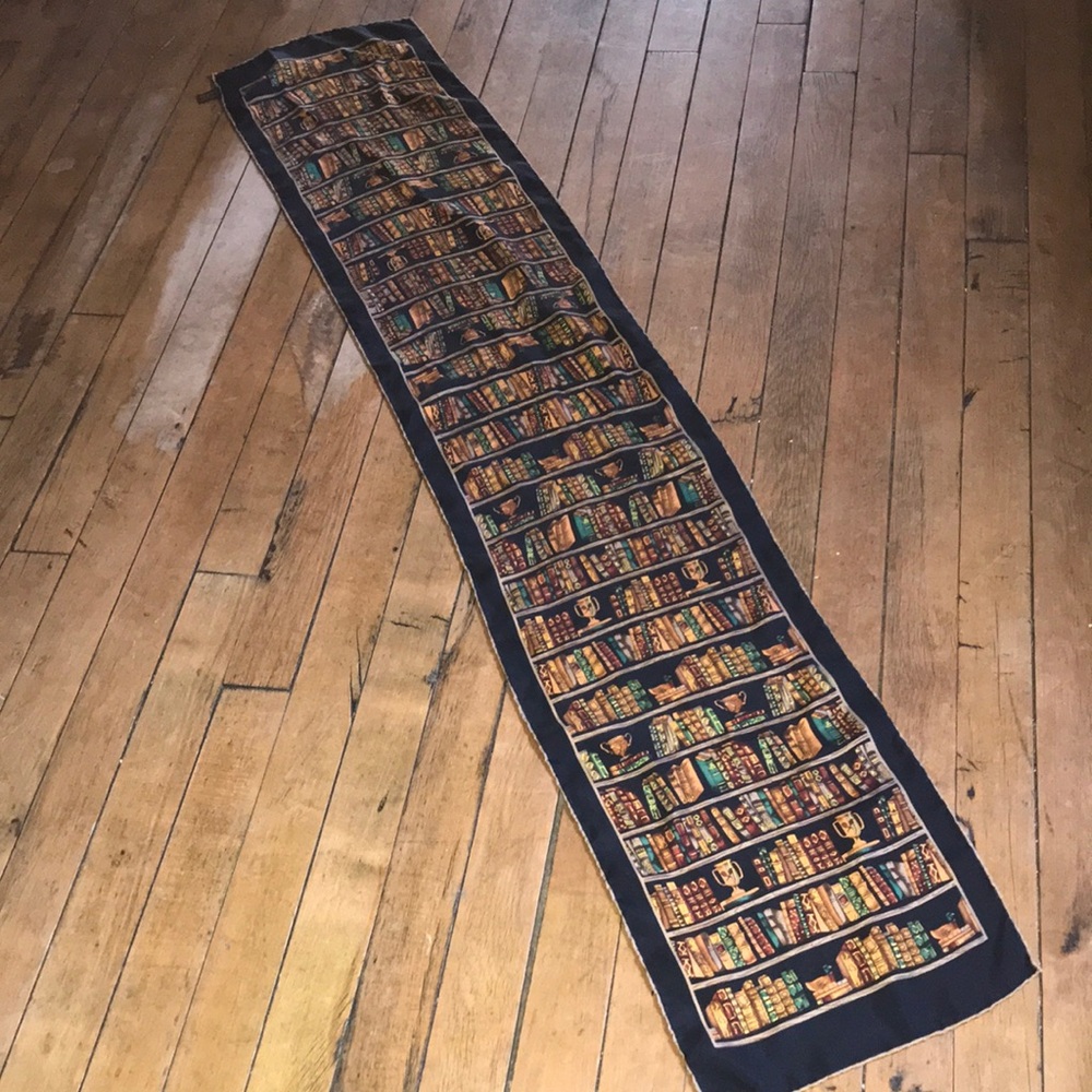 Long Navy Scarf with Colorful Bookshelf Print